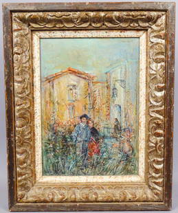 Edna Hibel Original Oil Painting Couple in Garden: This is a charming original oil painting by Edna Hibel (American, 1917 to 2014). The mid-century painting depicts a loving couple standing in a garden in front of their home. Signed on the lower right