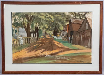 Signed Louis Ribak Watercolor Painting Country Lane: This is an original watercolor painting by artist Louis Leon Ribak (American, 1902-1979). Ribak was a social realist and abstract painter who was a member of the "Taos Moderns" group of artists. This