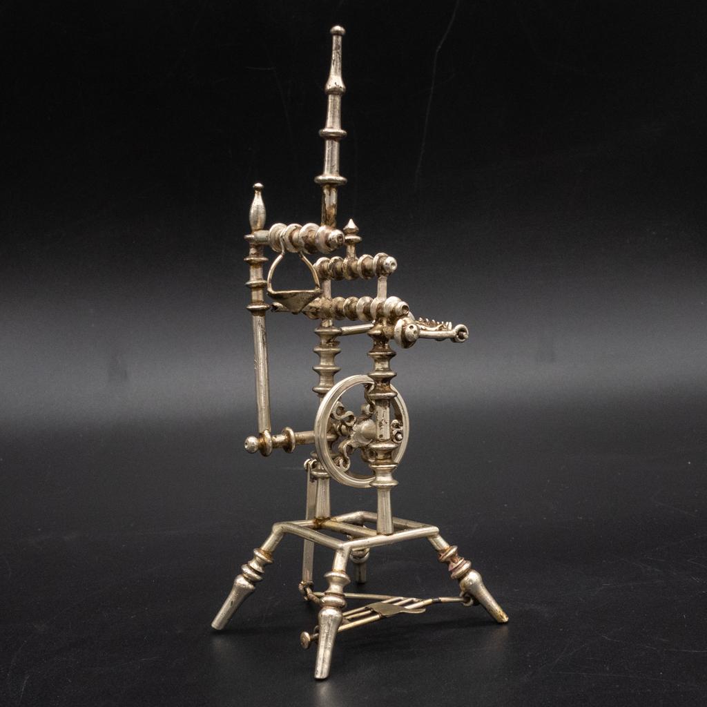 French Silver Mini Dollhouse Mechanical Spinning Wheel (1 of 4)