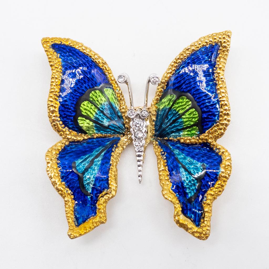 Vintage 18K Gold Enamel Diamond Butterfly Brooch Pin (1 of 4)