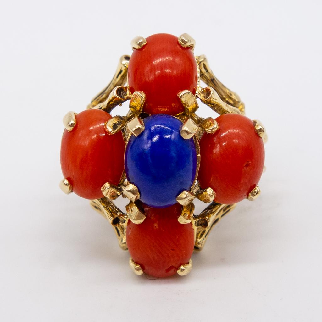 14K Gold Red Coral Lapis Cabochon Ring Size 6.25 (1 of 4)