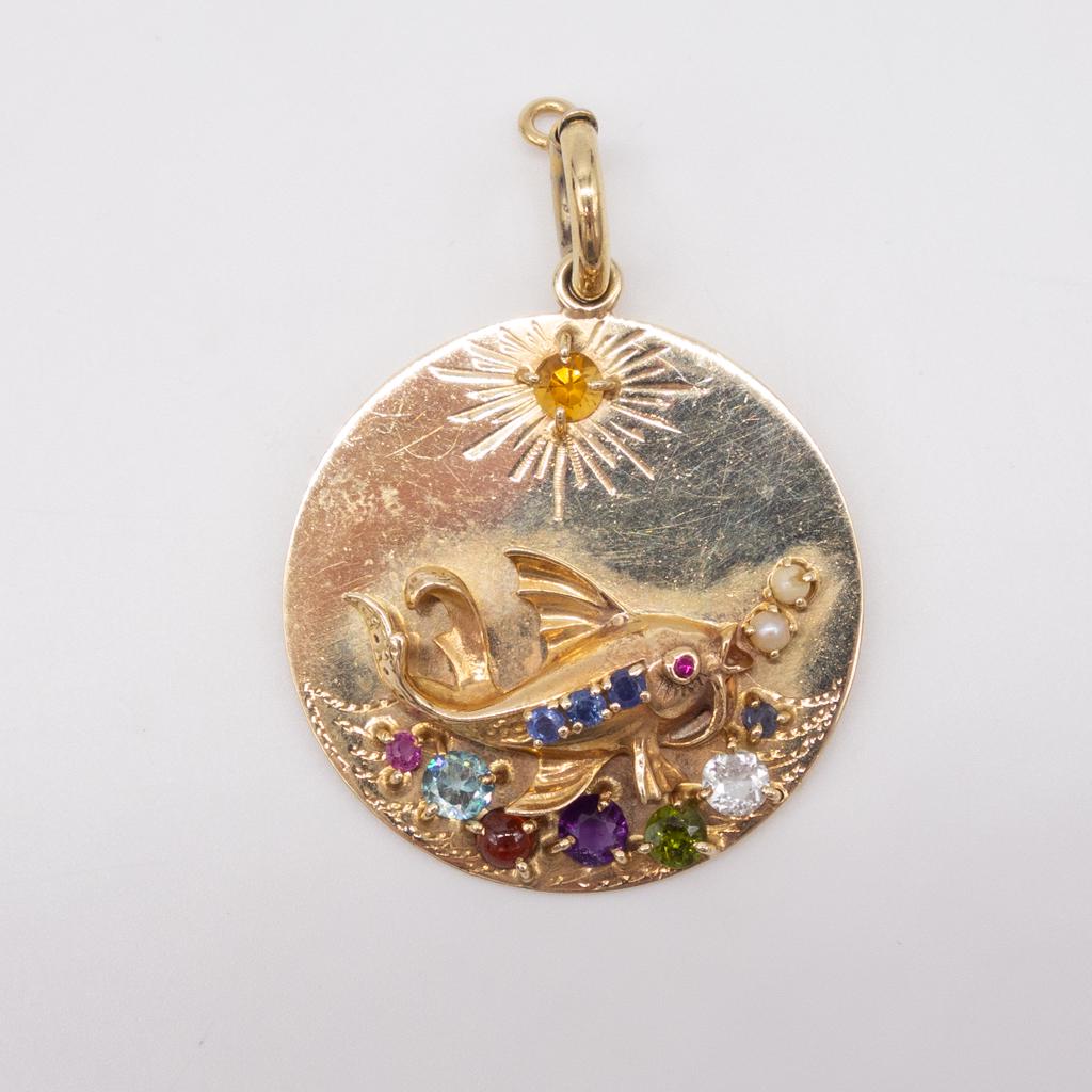 Vintage 14K Gold Lg Swimming Fish Gemstones Charm 16.8g (1 of 3)