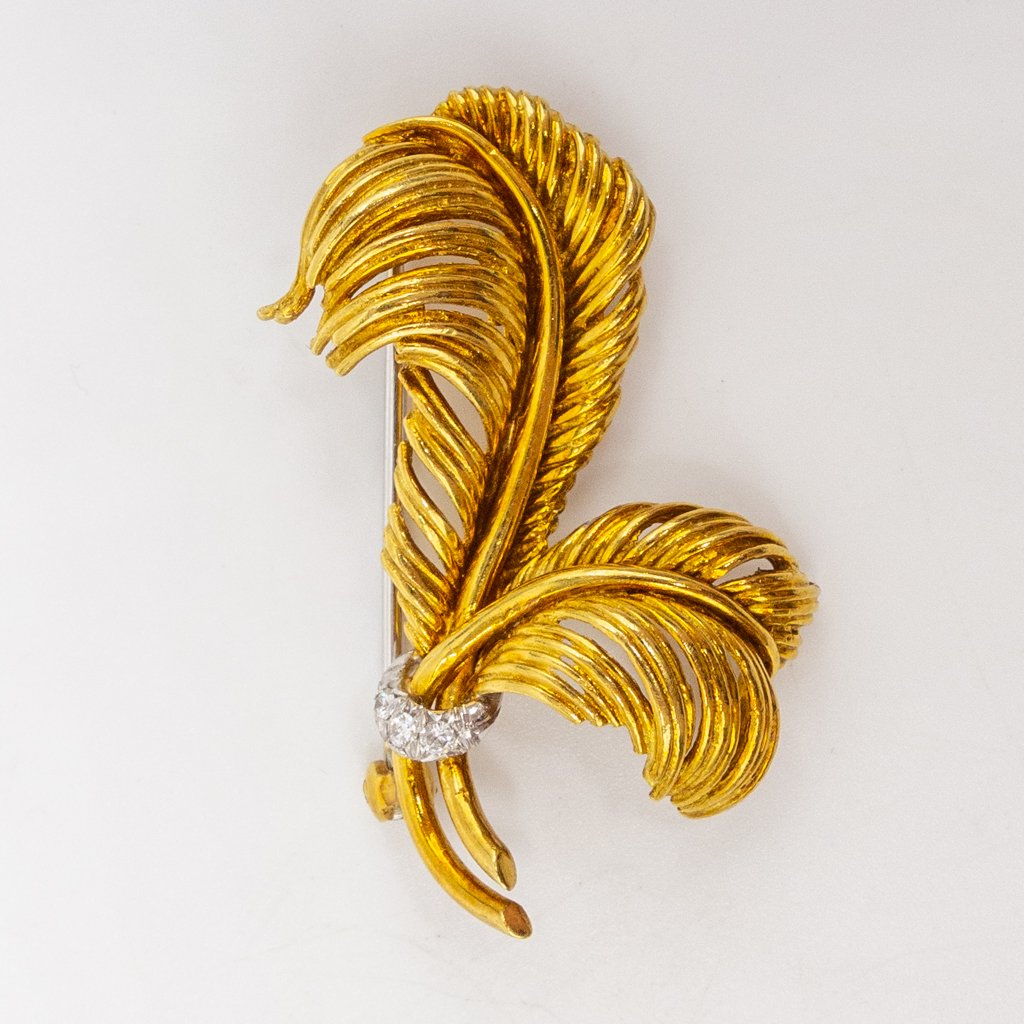Tiffany Italy 18K Gold Diamond Feather Plume Brooch (1 of 3)