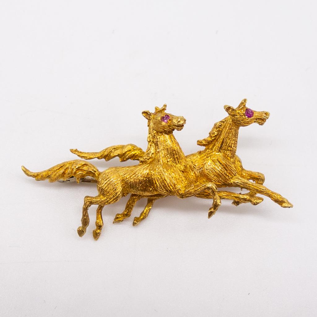 Vintage Italian 18K Gold Running Horses Ruby Brooch Pin (1 of 3)