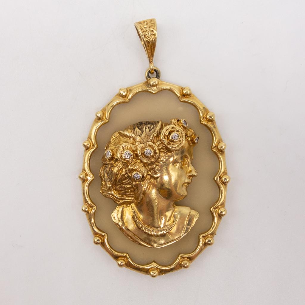 Vintage 14K Gold Agate Cameo Style Diamond Pendant (1 of 4)