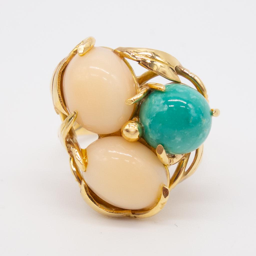 Vintage 14K Gold Angel Skin Coral Turquoise Ladies Ring (1 of 5)