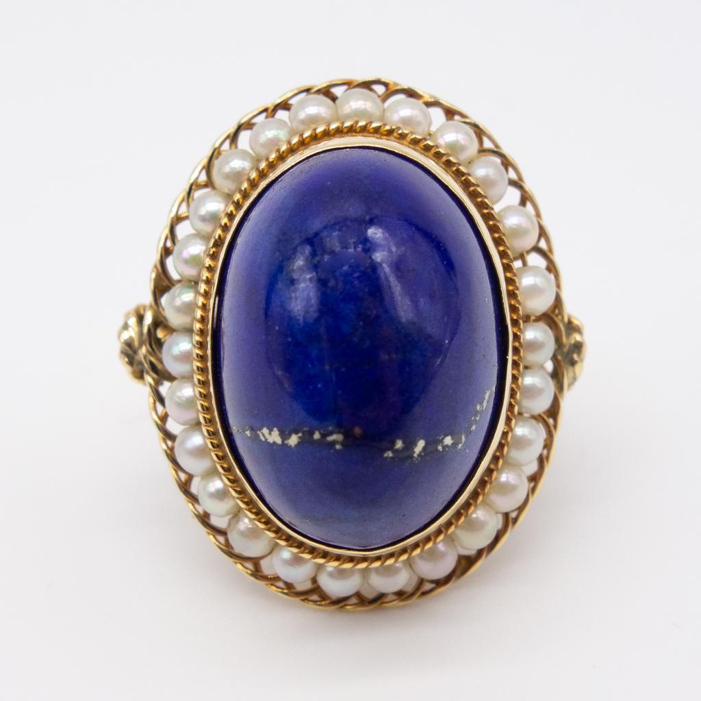 Vintage 14K Gold Lapis Lazuli Seed Pearl Ladies Ring (1 of 5)