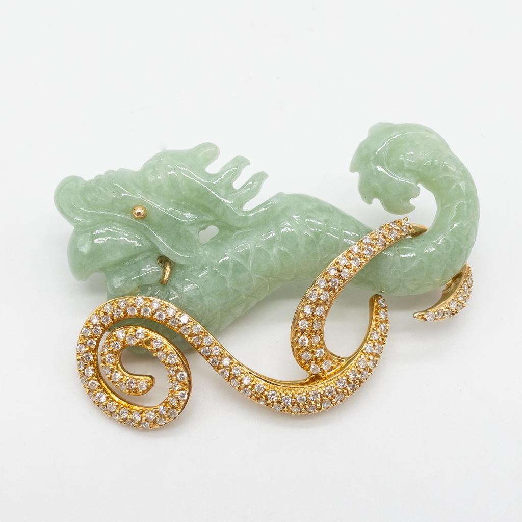 Contemporary 14K Gold Carved Jadeite Dragon Diamond Pin (1 of 3)