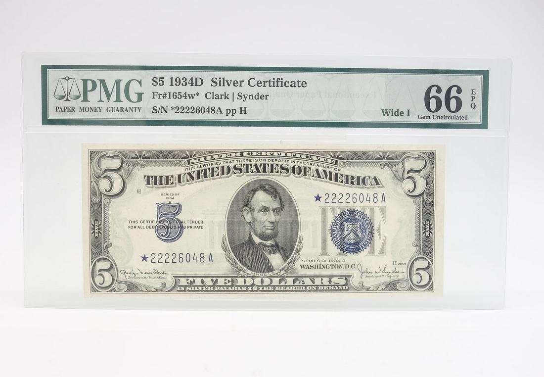 PMG 1934D $5 Silver Certificate FR1654w* Wide I 66 EPQ (1 of 2)