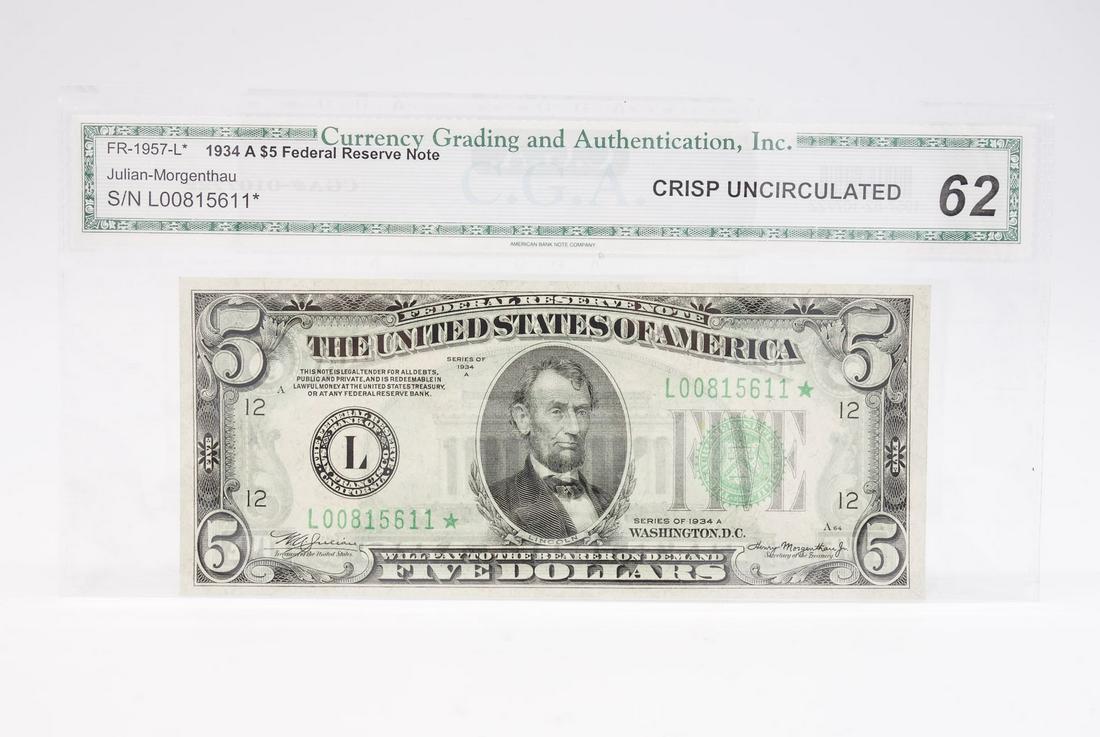 CGA 1934A $5 Fed Reserve Note FR1957-L* 62 Crisp Unc (1 of 2)