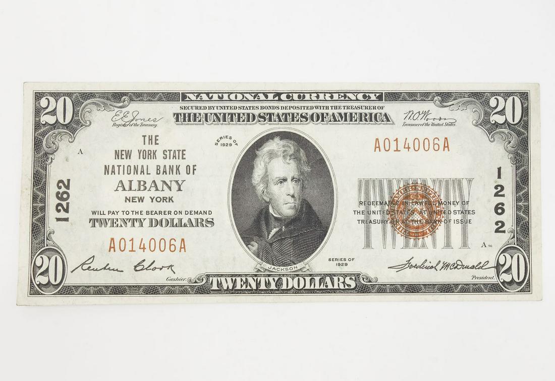 US $20 1929 Albany NY National Currency Note Crisp (1 of 2)