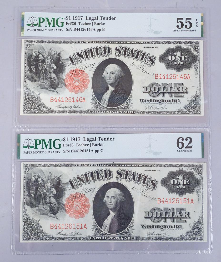 Group 2 PMG 1917 $1 Legal Tender Notes FR36 55, 62 EPQ: This is a group of two PMG Certified 1917 $1 Large Size Legal Tender Note: FR#36. About Uncirculated 55 EPW and Uncirculated 62 EPQ, Exceptional Paper Quality (EPQ).