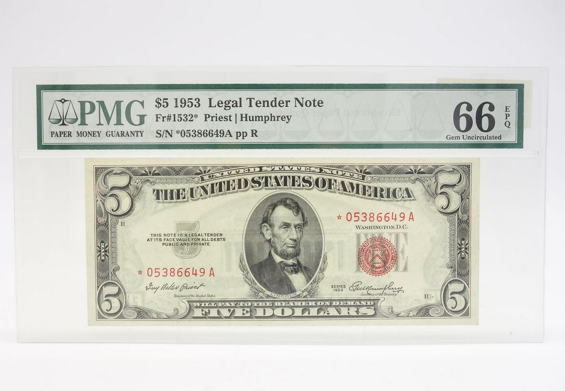 PMG 67 1953 $5 Legal Tender Star Note FR1532* (1 of 2)