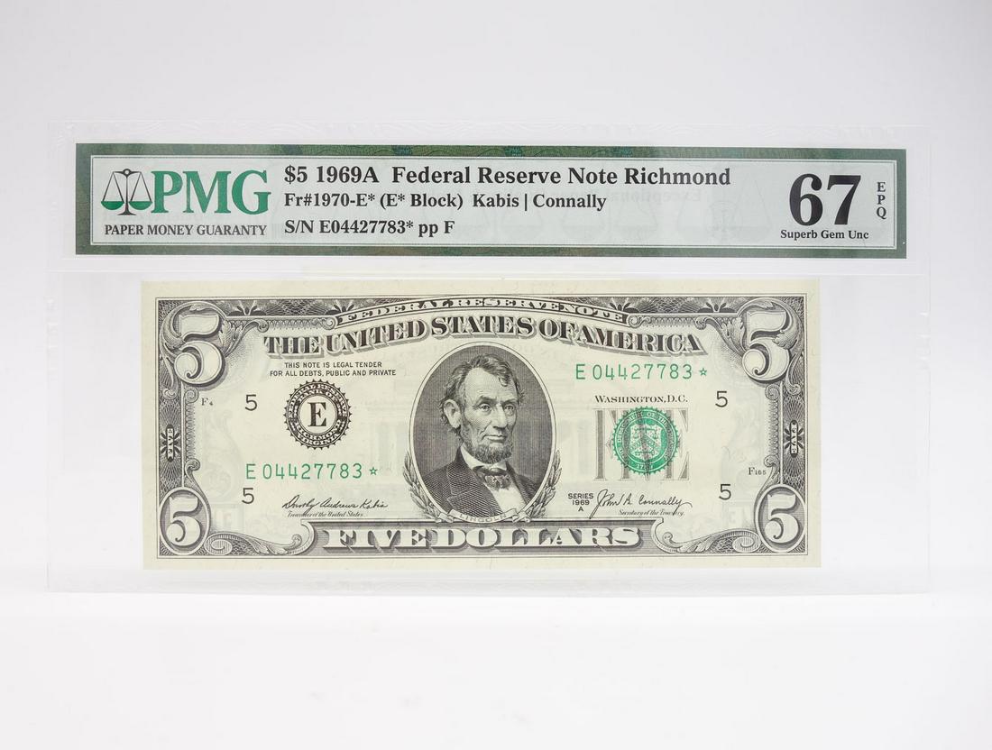 PMG 67 $5 1969A Fed Reserve Note FR1970-E* (1 of 2)