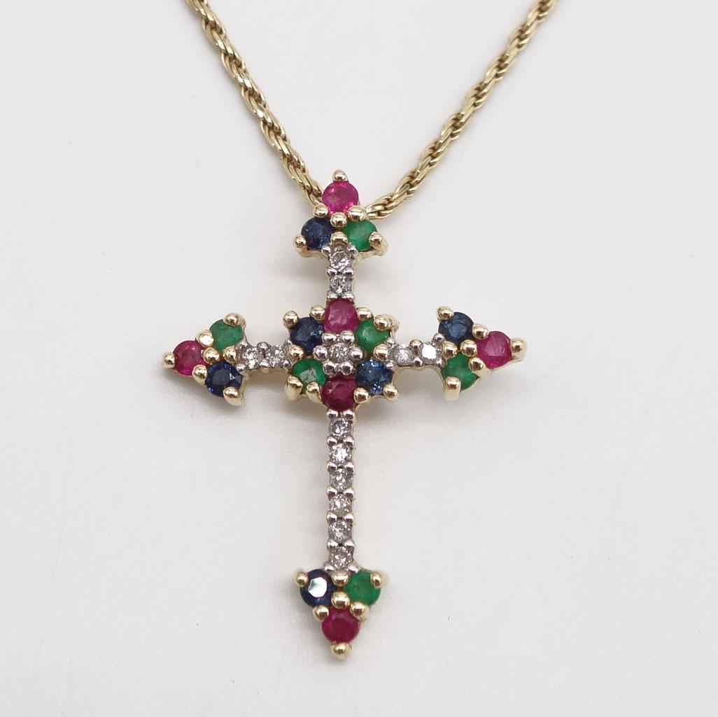 14K Gold Emerald Ruby Sapphire Diamond Cross Necklace (1 of 4)