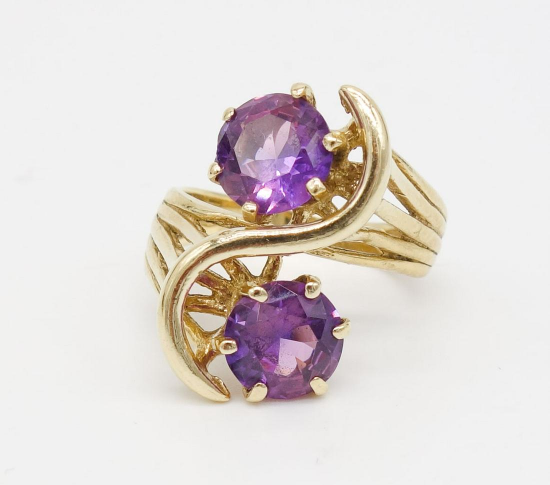 Vintage Retro 14K Gold Double Amethyst Ring Size 7.25 (1 of 7)