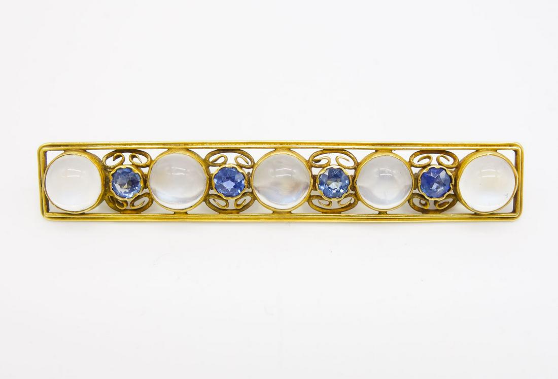 Arts Crafts 14K Gold Moonstone Montana Sapphire Bar Pin (1 of 3)