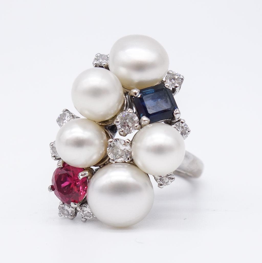 French Diamond Pearl Ruby Sapphire Platinum Ring (1 of 8)
