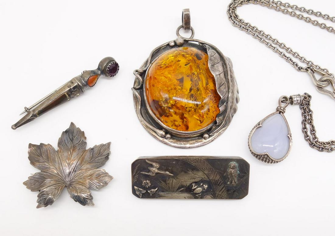 Antique Group 5 Silver Jewelry incl Japonesque, Amber (1 of 4)