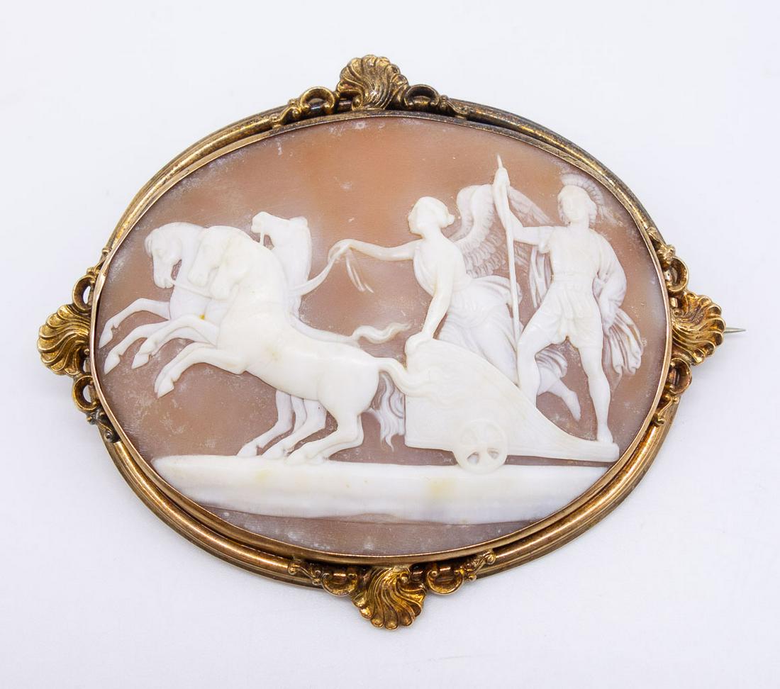 Antique Angel of Peace in Chariot 14K Gold Cameo Brooch (1 of 2)