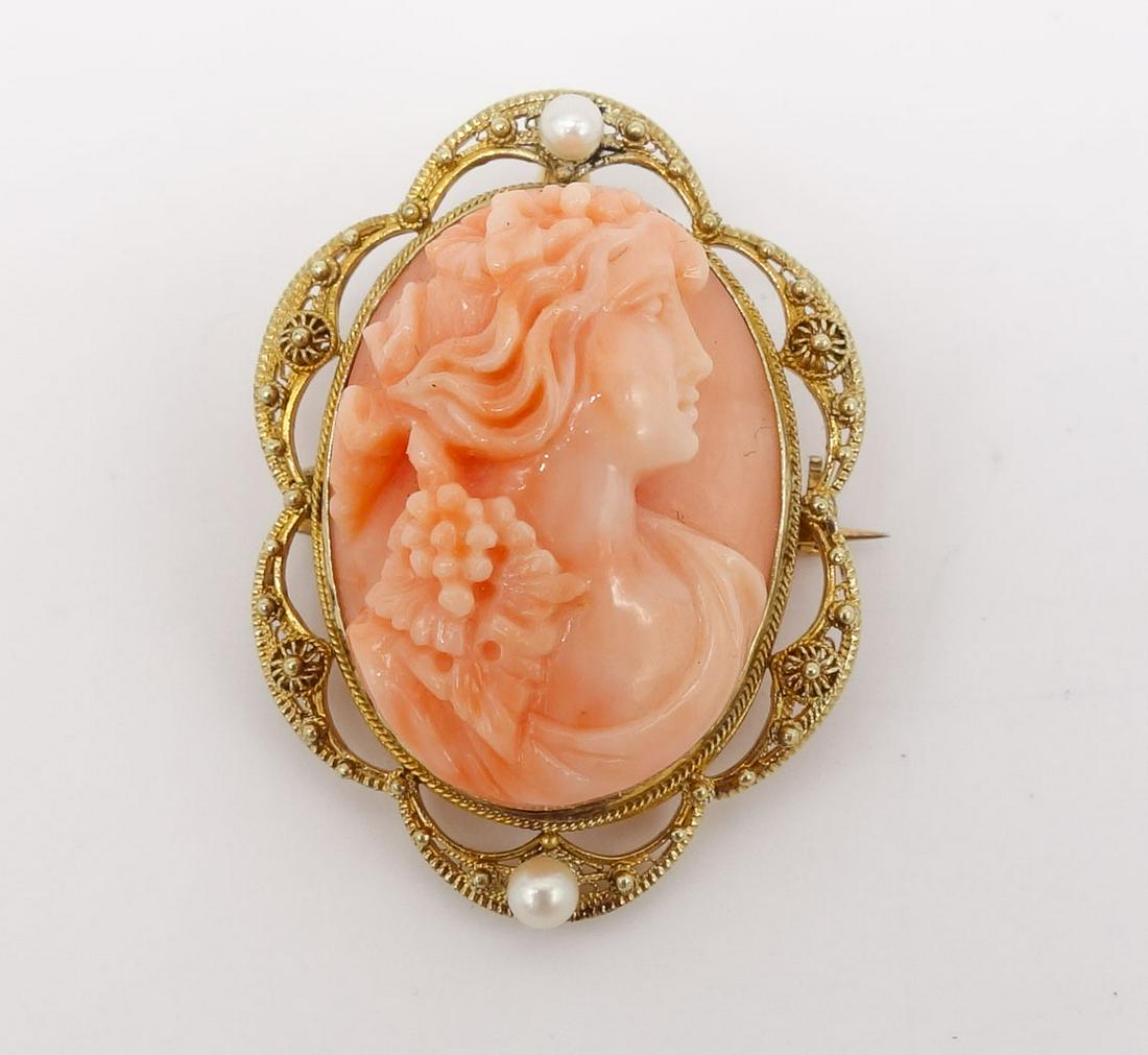 Antique 14K Gold Filigree Carved Coral Cameo Brooch Pin (1 of 4)