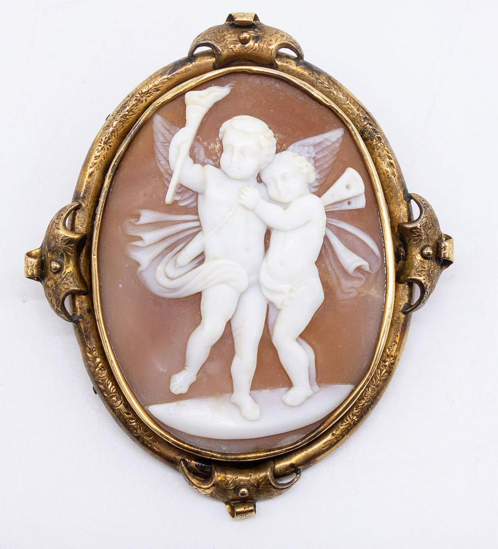 Antique Lg Ornate Solid Gold Carved Cherubim Cameo Pin (1 of 2)