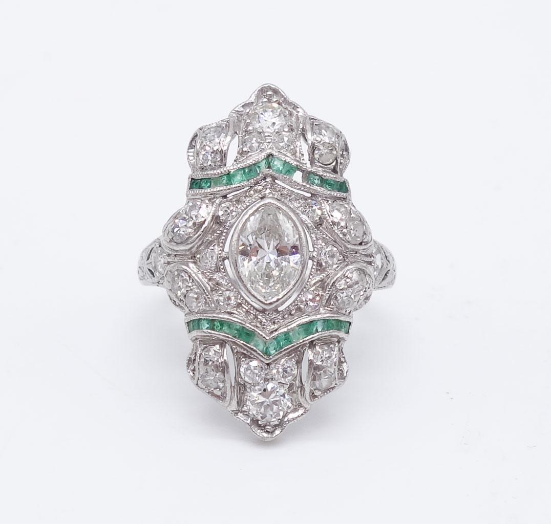 Antique Platinum Diamond Emerald Art Deco Filigree Ring (1 of 5)