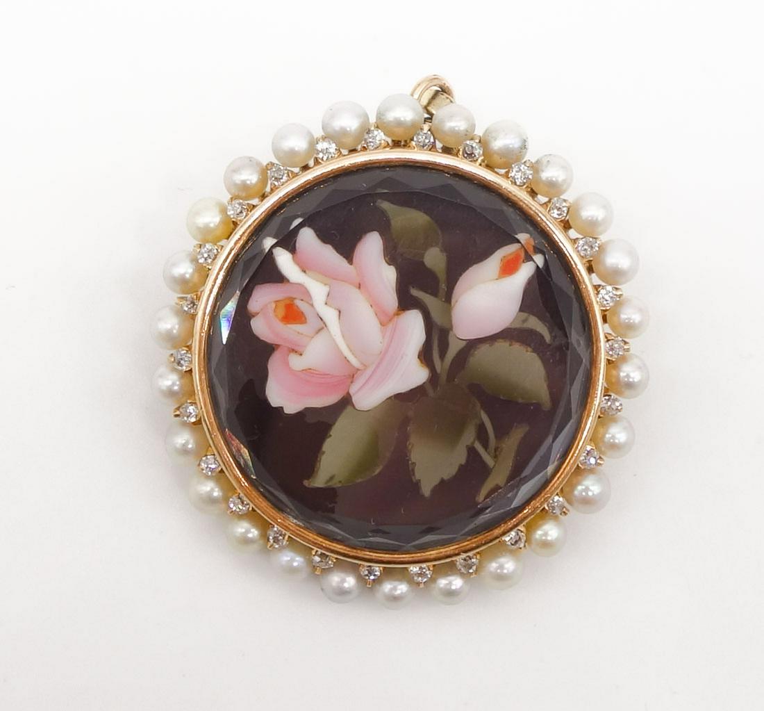 14K Gold Pietra Dura Diamond Pearl Mourning Pendant Pin (1 of 2)