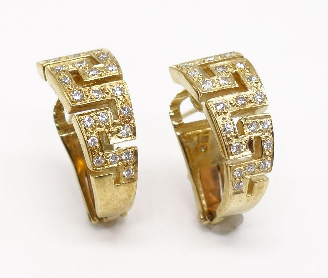 Vintage Pair 18K Gold Greek Key Diamond Half Cuff Earrings (1 of 4)