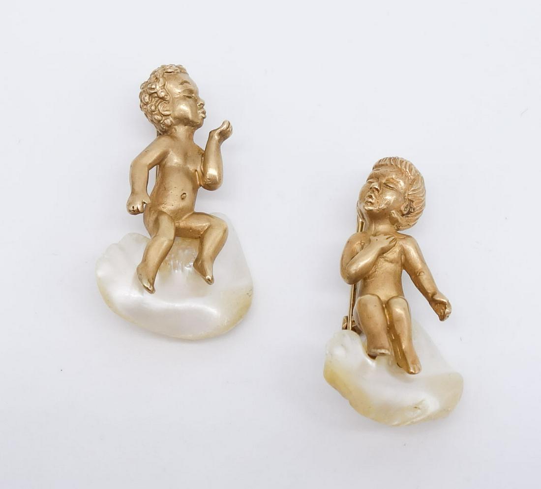 Vintage Pair 14K Gold Cherubs on Freshwater Pearls Pins (1 of 4)