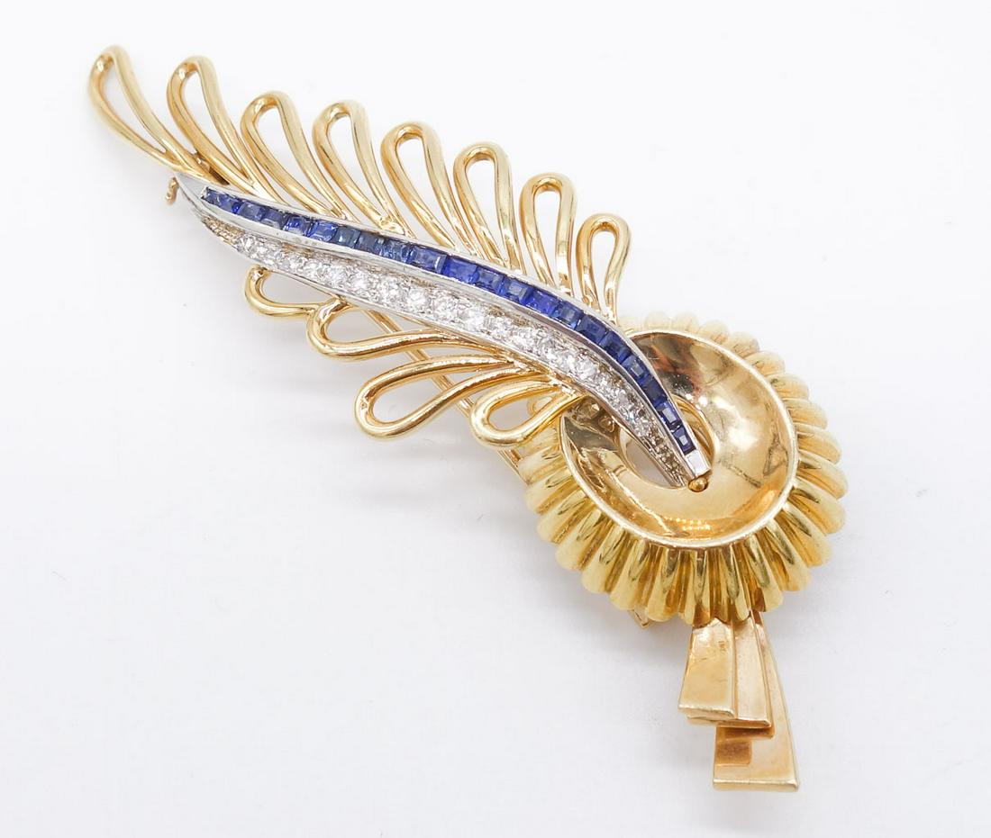 Retro 14K Gold Diamond Sapphire Feather Spray Clip (1 of 4)