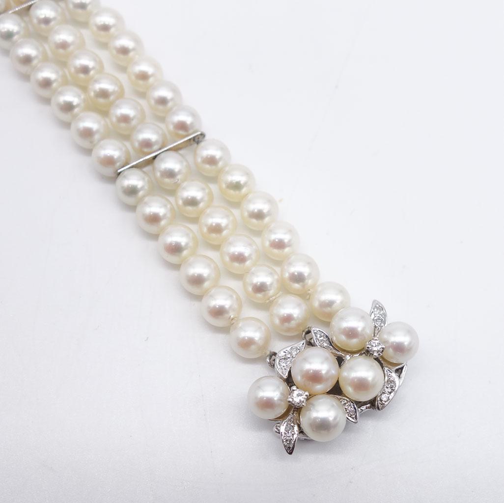 Diamond 14K White Gold Triple Strand Pearl Bracelet (1 of 5)