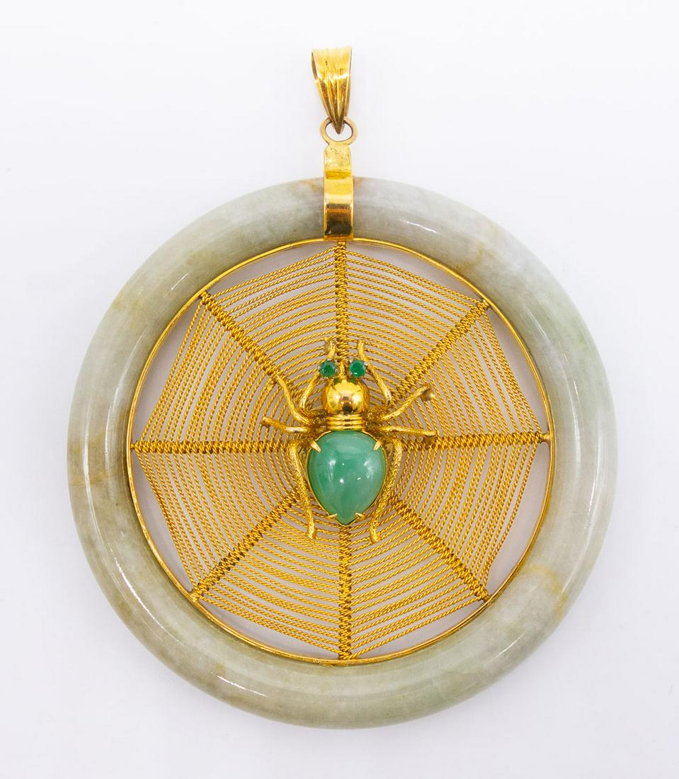 Chinese 14k Gold Jadeite Emerald Spider Web Pendant (1 of 3)