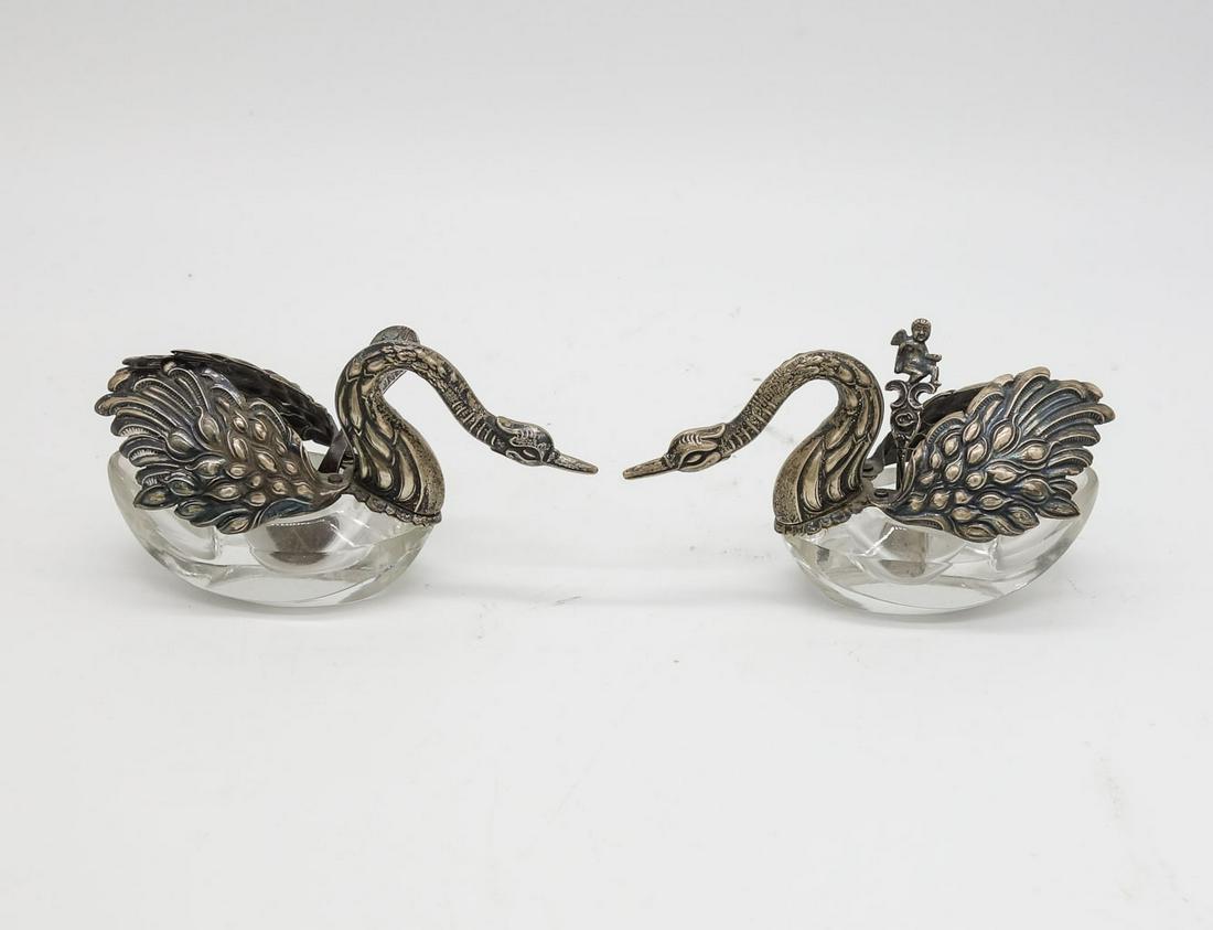 Antique Pair German Sterling Silver Crystal Swan Figural Salt Dishes w Spoons (1 of 9)