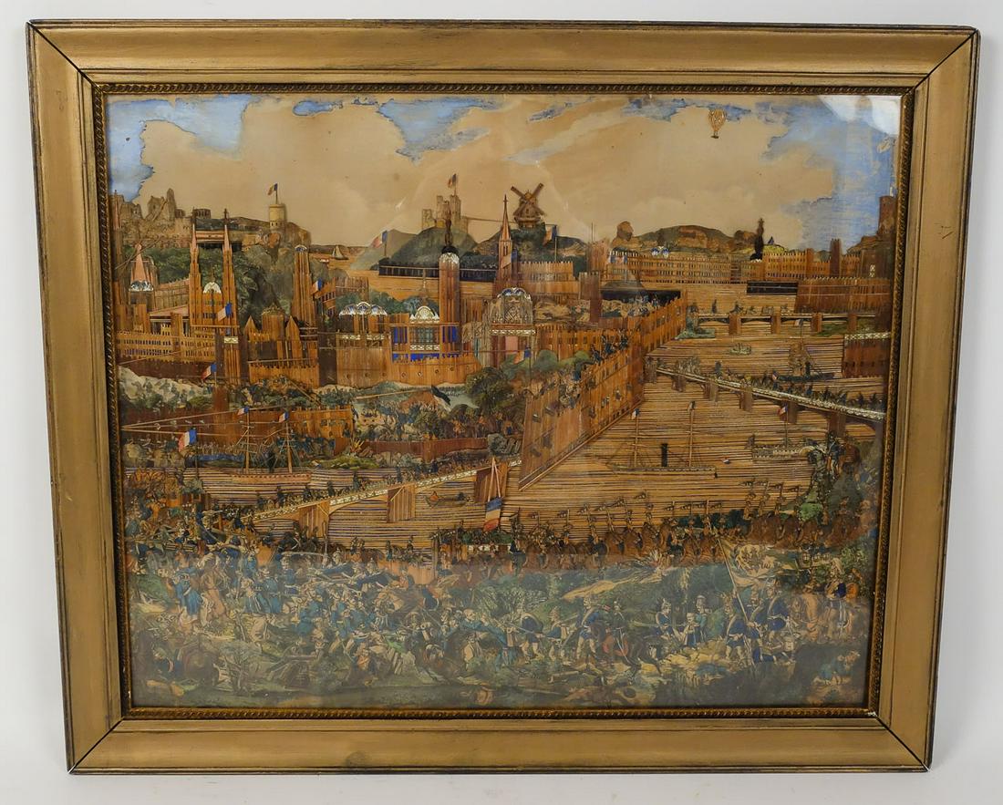 Antique 19c Franco Prussian War POW Straw Painting Artwork: This is an antique Prisoner of War (POW) Franco Prussian War original straw art painting depicting a battle scene. Framed under glass. The frame is 31 1/2 x 26 1/2" and the sight is 26 5/8 x 21 5/8".