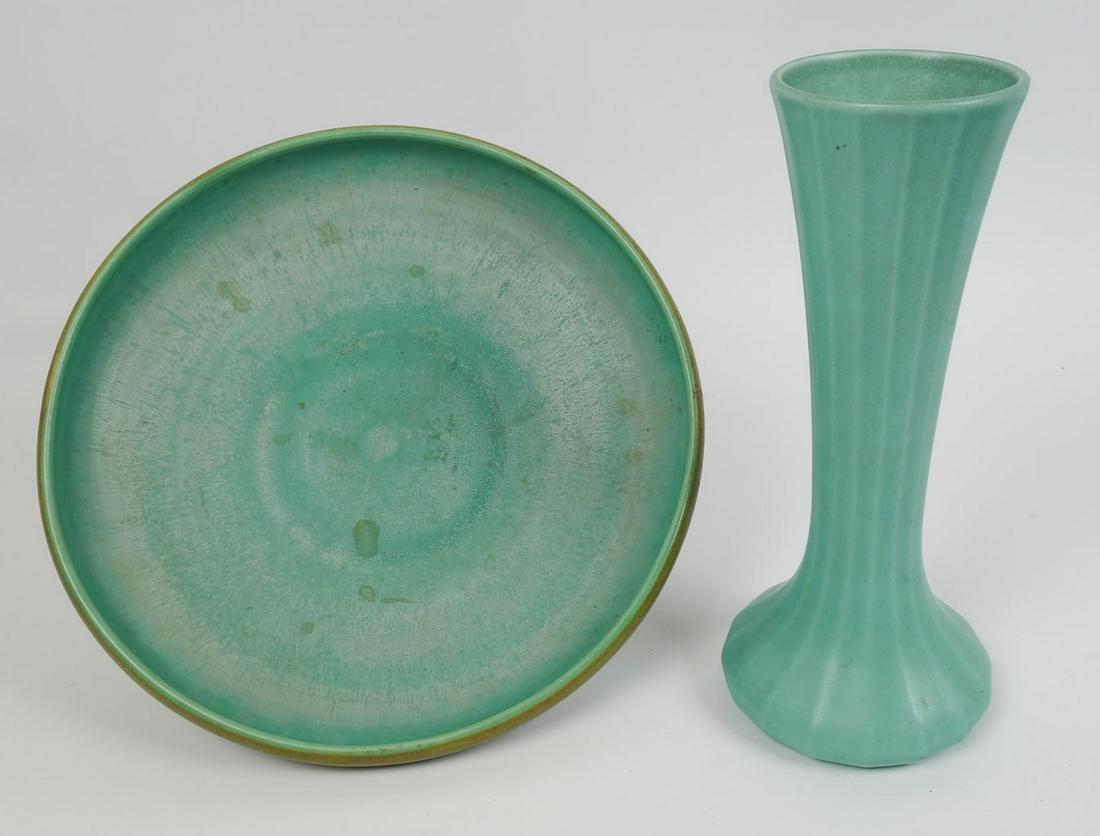 Antique Art Deco Rookwood Green Glaze Vase and Low Bowl 12" (1 of 7)