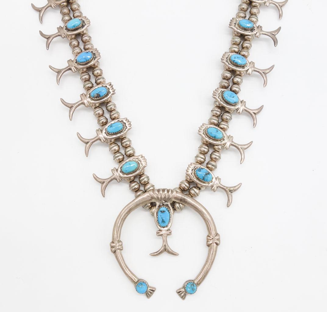 Navajo Pawn Silver Turquoise Squash Blossom Necklace (1 of 4)