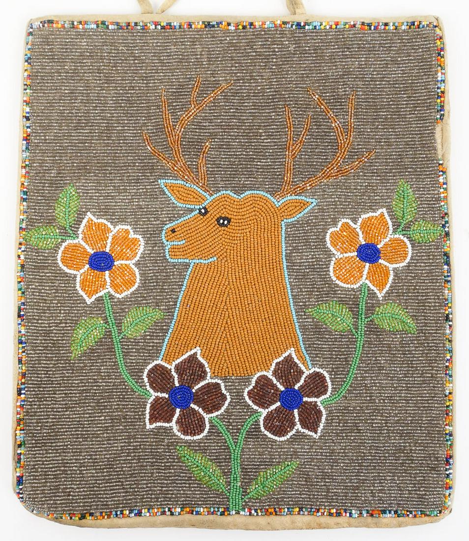 Antique Native American Leather Hand Beaded Deer and Floral Bag (1 of 6)