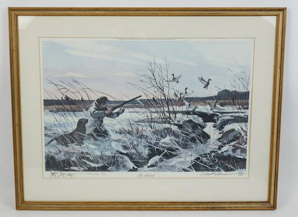 Signed Chet Reneson "The Ambush" Duck Hunting Print: This is a signed print by Chet Reneson (American, b. 1934). Titled "The Ambush", this print features a hunter and his dog on a duck hunt in a snowy landscape. It is number 23/50 in a limited edition o