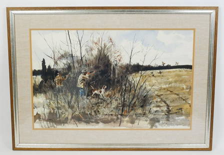 Signed Chet Reneson Painting Sporting Duck Hunt Scene: This is a signed original painting by Chet Reneson (American, b. 1934). It features two hunters and their hound dog on a duck hunt in a wintery landscape. Signed lower right. Framed under glass. The f