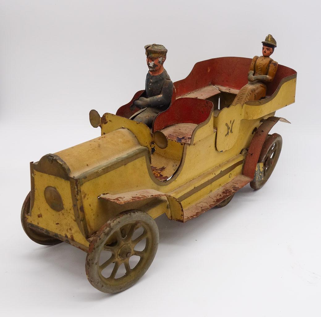 Antique German Tin Clockwork Mechanical Open Car w Figures Toy (1 of 7)