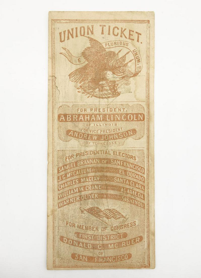 Union Ticket Abraham Lincoln Andrew Johnson 1864 Presidential Campaign Ballot San Francisco (1 of 2)