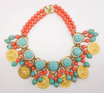 Vintage Mid Century Lawrence VRBA Heart Lion Faux Coral Turquoise Bead Necklace: This is a vintage Mid Century necklace with faux coral and turquoise bead necklace with filigree hearts and lion medallions from designer Lawrence Vrba. Vrba designed under his own name after working