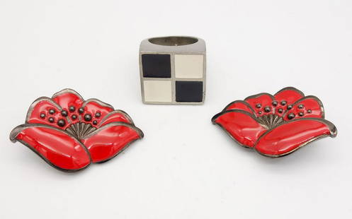 Vintage Yves Saint Laurent YSL Enamel Jewelry incl Poppy Earrings and Black White Checkered Ring: This is a vintage designer jewelry lot from Yves Saint Laurent including enamel decorated red poppy clip on earrings and a black and white checkered ring. The ring is a size 9 US and the ring face