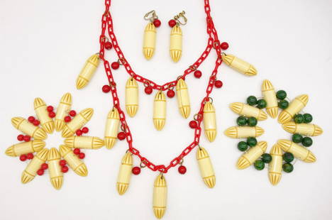 Vintage Mid Century Carved Bakelite Necklace, Bracelets, Earrings Suite: This is a vintage Mid Century carved Bakelite bead necklace, bracelets, and earrings suite. The green beads also test to be Bakelite. The red beads are an early plastic. The necklace is 26" long.