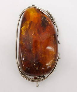 Vintage Sterling Silver Natural Baltic Amber Brooch Pin: This is a large natural Baltic amber nugget set in a sterling silver frame. 3 x 1 3/4". It weighs 43.7g. 