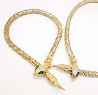 Vintage Gold Tone Mesh Snake Motif Necklace and Belt: This is a vintage set of gold tone mesh snake motif necklace and belt suite. Green and blue rhinestone jeweled eyes. The belt is 40" long and the necklace is 17 1/2". 