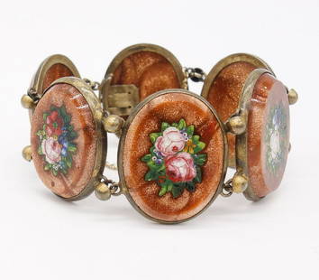 Vintage Goldstone Floral Micro Mosaic Bracelet: This is a vintage bracelet with goldstone links decorated with floral rose micro mosaic designs. 6 1/4" long x 1 1/4". 