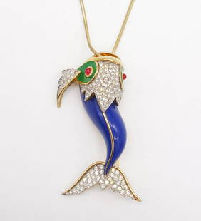 Vintage Jomaz Rhinestone Enamel Koi Fish Pendant Necklace: This is a vintage Mid Century pendant necklace featuring a rhinestone and enamel decorated koi fish pendant. Designed by Joseph Mazer or Jomaz in the 1950s. Joseph and his brother Lincoln Mazer came