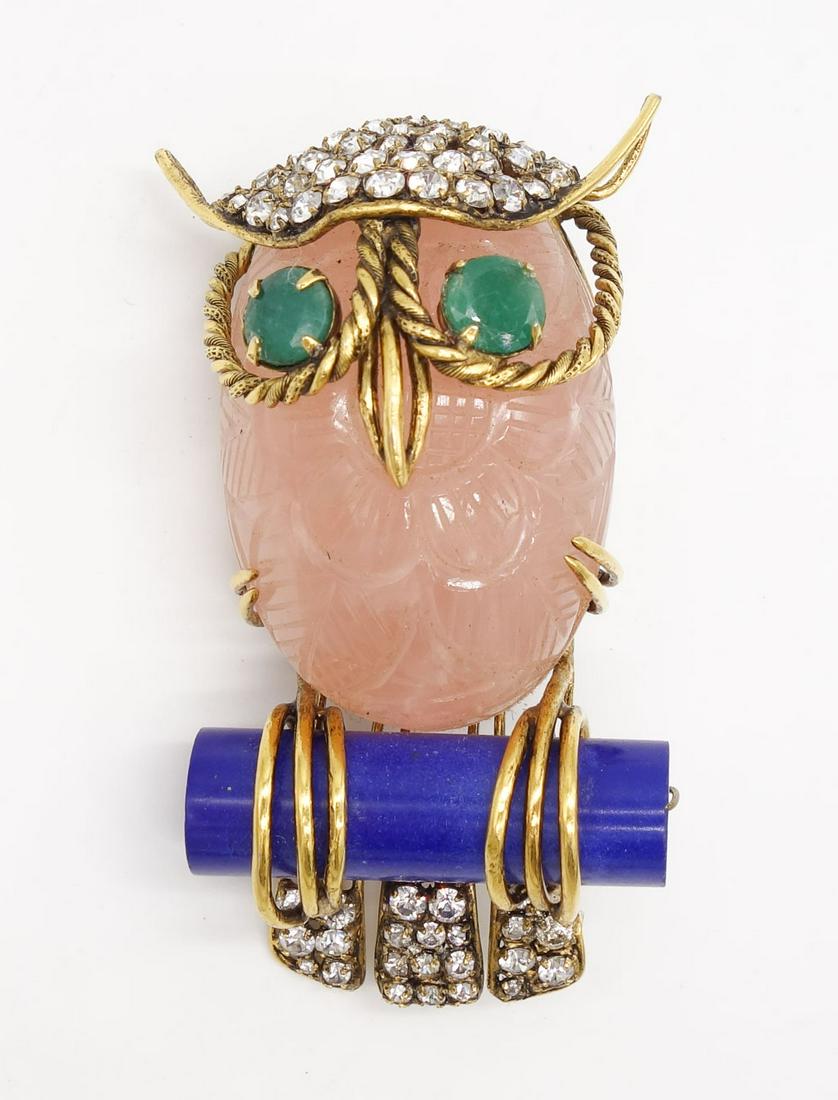 Vintage Designer Iradj Moini Carved Pink Quartz Owl on Lapis Perch Brooch Pin (1 of 3)